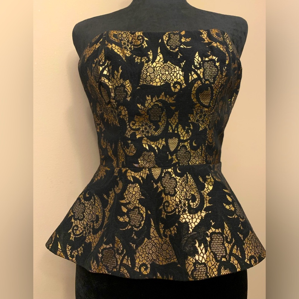 Bebe Black & Gold Jacquard Peplum Bustier Top